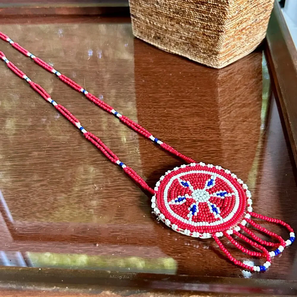 Vintage Beaded Medallion Necklace Red White Blue Southwestern Style